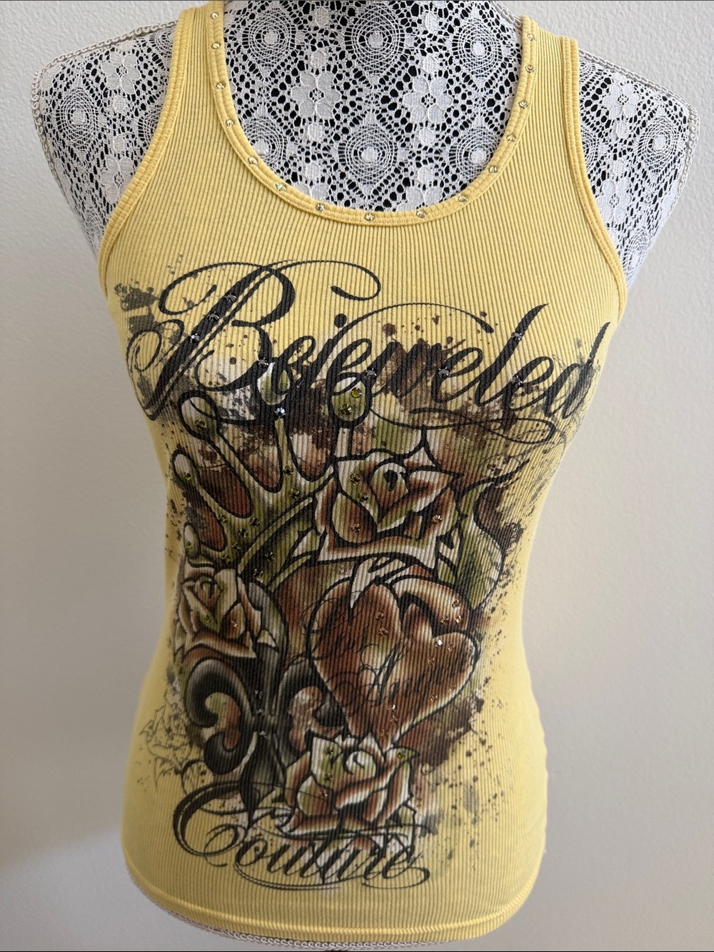 Y2K Yellow Graphic Ribbed Tank Top